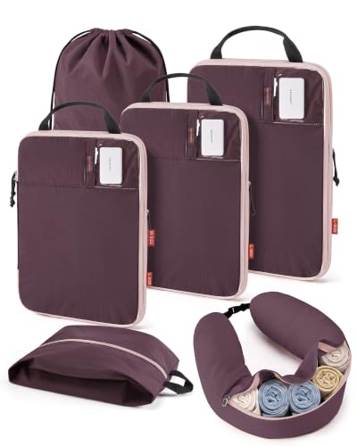 BAGSMART 6 Set Compression Packing Cubes with Fillable Neck Pillow - color: Crimson Purple
