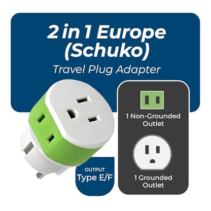 OREI Germany, France, Schuko Power Plug Adapter with 2 USA Inputs - Travel 3 Pack- Type E/F (US-9) Safe Grounded Use with Cell Phones, Laptop, Camera Chargers, CPAP, and More - style: Type E/F -Germany,France