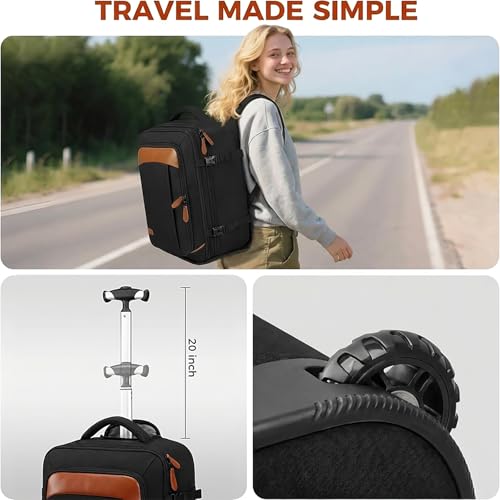 Vancropak Travel Backpack with Wheels, Rolling Backpack Fits 17.3" Laptop - color: Black Brown