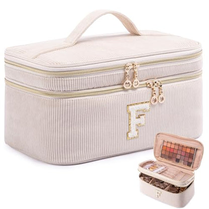 AMOIGEE Initial Makeup Bag Organizer,Personalized Double Layer Train Case, Travel Toiletry Bag for Makeup Brushes for Teens Girl, Skincare Gift Set, Initial Cute Cosmetic Make Up Bag for Women - size: F