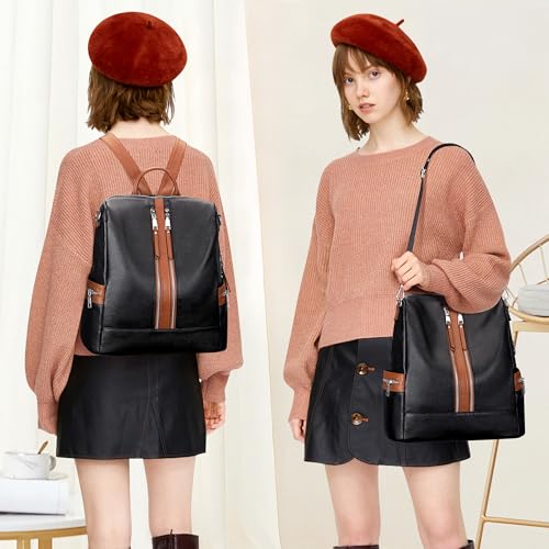 ALTOSY Genuine Leather Backpack for Women Convertible Shoulder Bag - color: Black/Brown
