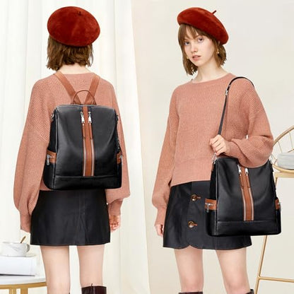ALTOSY Genuine Leather Backpack for Women Convertible Shoulder Bag - color: Black/Brown