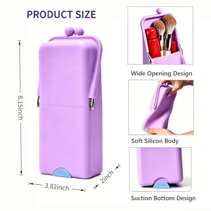 Standable Silicone Makeup Brush Holder, Waterproof Travel Cosmetic Storage Bag with Phone Stand Design, Multifunctional Travel Organizer Pouch for Lipstick Eyebrow Pen Beauty Tools (Blue) - color: Blue
