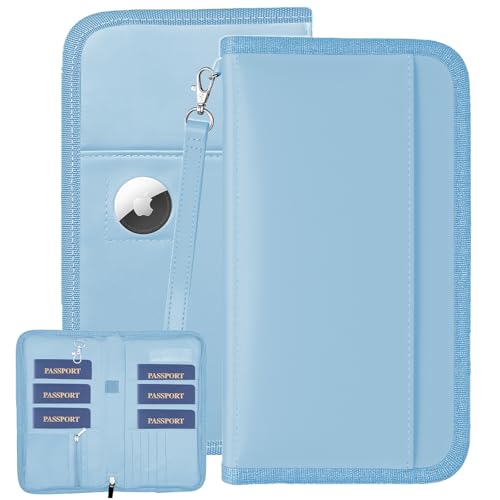 GOAUS Passport Holder for Travel with AirTag Slot, for Family of 4 to 6 - color: Blue, size: 10.4"x5.5"