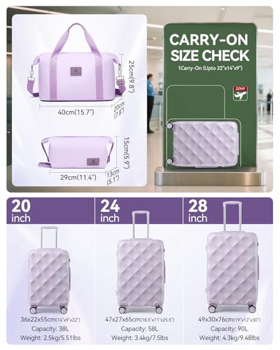 Somago Luggage Sets 2pcs, Hardside 20"/24" with Duffle & Toiletry Pouch - color: Light Purple, size: 4 Pieces Set (20/24/DB/TB)