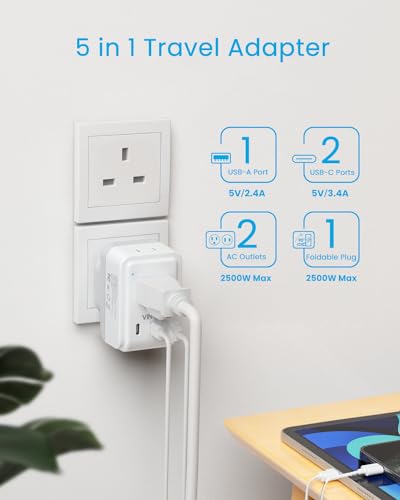 VINTAR 1 Pack Type G Adapter for Travel, 5 in 1 Foldable UK Power Adaptor - style: Type G - UK Ireland