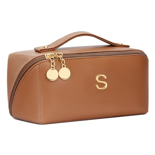 Gifts for Women Bridesmaid Initial Makeup Bag | Personalized PU Leather Cosmetic Waterproof Travel Toiletry Bag (Large-Brown-S) - color: LargeBrown, style: S