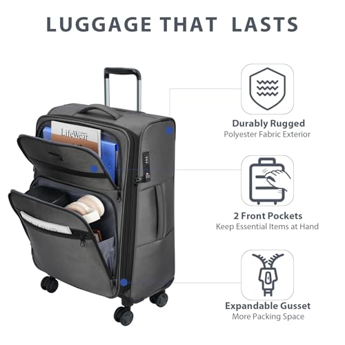 KROSER Softside Expandable checked Luggage with Front Business Pockets，24 Inch Suitcases with Spinner Wheels & Built-in TSA Lock, Durable Suitcase Rolling Luggage, Grey - color: Grey-24, size: 24 inch