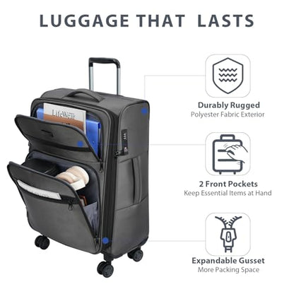 KROSER Softside Expandable checked Luggage with Front Business Pockets，24 Inch Suitcases with Spinner Wheels & Built-in TSA Lock, Durable Suitcase Rolling Luggage, Grey - color: Grey-24, size: 24 inch