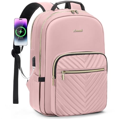LOVEVOOK Laptop Backpack for Women,Quilted Work Travel College Laptop Bag | Professional Nurse Teacher Backpack Purse,Padded Laptop Compartment,Waterproof Backpack for Traveling on Airplane,Great Gifts - color: Pink, size: 18.4 inch with Tumbler Holder