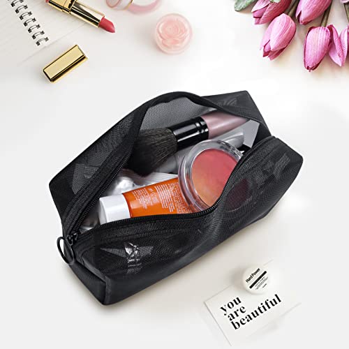 Aosbos 3-Pack Mesh Cosmetic Bag Set - Travel/On-The-Go Makeup Storage, Zipper Closure Small Pouch - color: Black