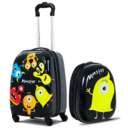 GYMAX Kids Carry On Luggage Set, 12" & 16" 2PCS Rolling Suitcase - color: Monster