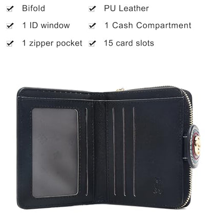 FOXLOVER PendantChain Zipper Small Wallet Women RFID Blocking Credit Card Bifold Wallet Business Card Holder with ID Window(Black) - color: 02-Black