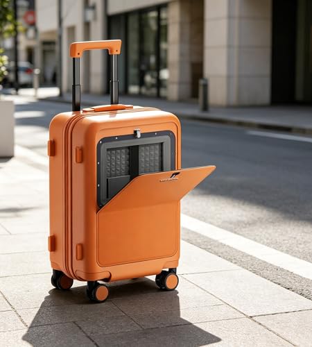 feilario Front Opening Hardside Spinner Suitcase with Laptop Compartment, TSA Lock, Cup Holder, Side Hook and Braking Wheels (Mist Blue (zipper closure), 20in) - color: Mist Blue (zipper closure)