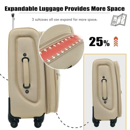 Softside Expandable Luggage Set 3 Piece, Lightweight 22/26/30 Inch Upright Spinner Suitcase with TSA Lock, 610D Polyester Travel Set (khaki) - color: khaki