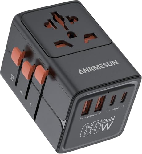 Universal Travel Adapter, International Power Adapter with 4 USB (GaN 65W) - color: 65W 2A2C Black