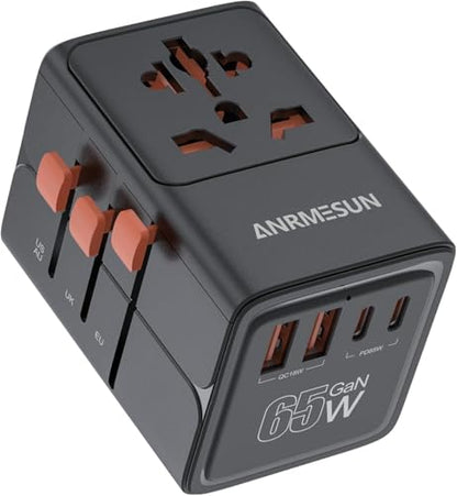Universal Travel Adapter, International Power Adapter with 4 USB (GaN 65W) - color: 65W 2A2C Black