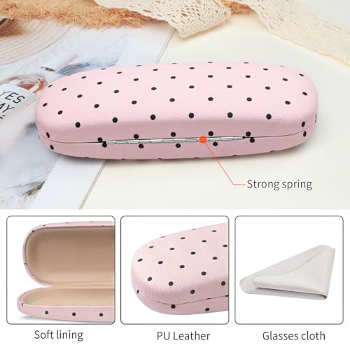Glasses Case Hard Shell, Cute Sunglasses Case for Women Leather Protective Case for Eyeglass with Cleaning Cloth - color: Pink Black Polka Dot