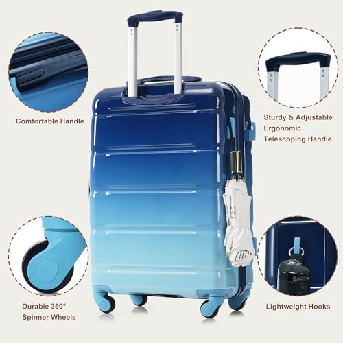 3 Luggage Sets, ABS Hardshell Suitcase Spinner Wheels with USB Port - color: blue and navy