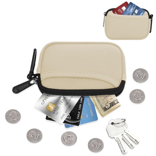 E-Tree Small Soft Neoprene Zipper Pouch with Carabiner Clip,Tech Bag Beige - color: Beige