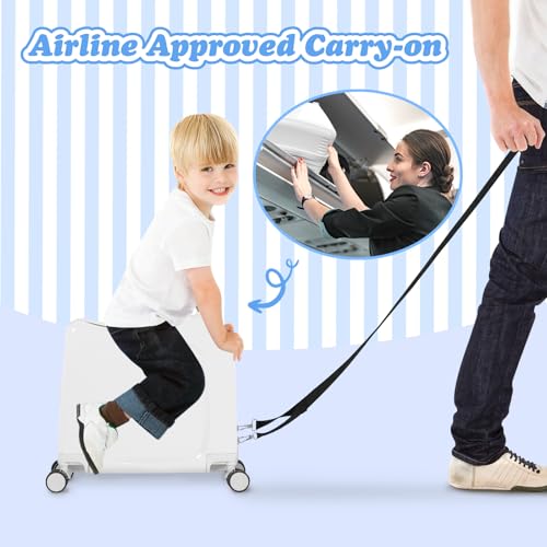 20" Kids Ride-On Suitcase with Rope, Carry-On Luggage with TSA Lock - color: White