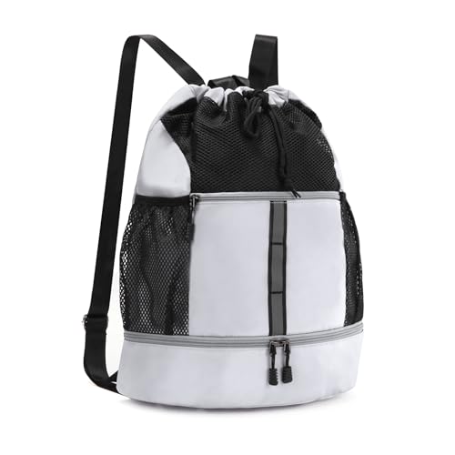 Valleycomfy Drawstring Gym Bag Sports Backpack With Shoe Compartment White - color: White