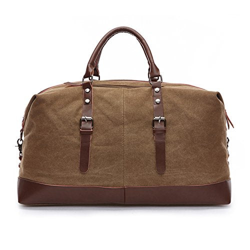 Coffee Canvas PU Leather Travel Tote Duffel Bag Carry on Bag Weekender Overnight Bag 21.3'' L x 13'' H x 9.4'' D - color: Coffee