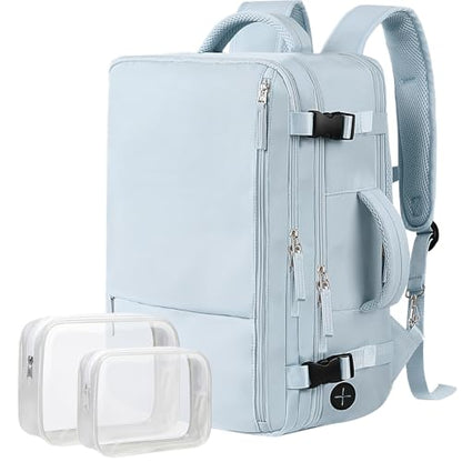Hanples Large Travel Backpack for Women, 35L Carry on Luggage Backpack,17 Inch Laptop Backpack with USB Charging Port, Waterproof Casual Bag Gift for Men with 2 Toiletry Bags (Light Blue) - color: Light Blue