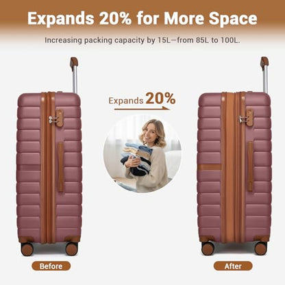 Kono Expandable 28 Inch Luggage with Spinner Wheels, Large Checked Luggage with Lock, Lightweight & Anti-Scratch PC+ABS Hardshell Travel Suitcase, Burgundy/Brown - color: Burgundy/Brown, size: Checked-large 28-inch
