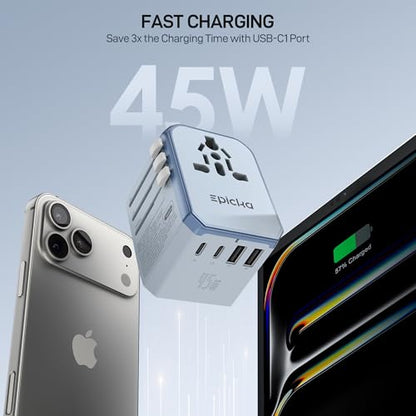 EPICKA 45W Universal Travel Adapter PD&QC, 1AC/3USB-C/2USB-A - style: 45W-5USB(3 USB-C) Blue