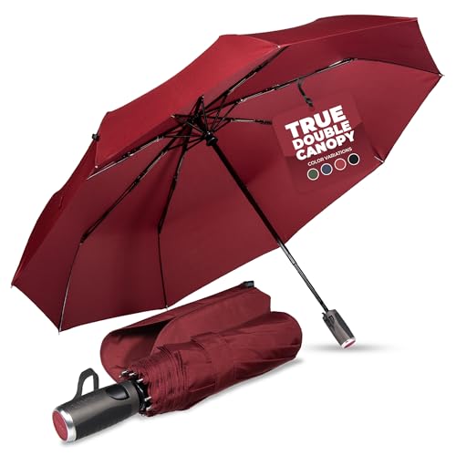 LifeTek Premium Travel Umbrella - Windproof & Compact for Men & Women, Automatic Open Close, Fits in Purse Laptop Bag or Backpack, Strong Frame for Heavy Rain & Sun UV Protection - color: 45 Inch Red FX2 Double Canopy