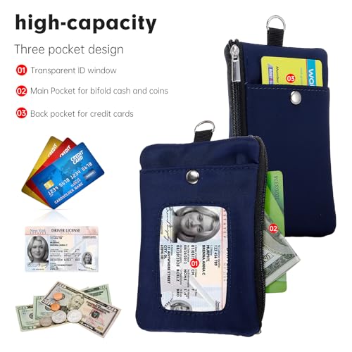 Small Lanyard Wallet with ID Window Minimalist Nylon Zipper Lanyard Pouch - color: Deep Blue