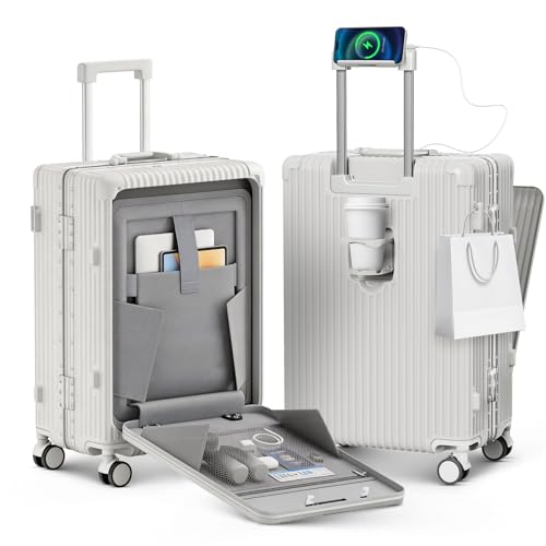 20 Inch Carry on Luggage with Front Pocket, Hard Shell Suitcase with Wheels - color: Off White