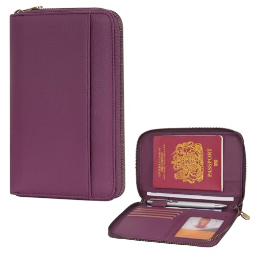 Leather Zipper Passport Wallet Holder Travel Essentials with RFID Blocking - color: Purple
