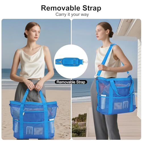 Mesh Beach Bags for Women - Plus Waterproof Sandproof Tote Bag - color: Blue With Top Zipper, size: Large