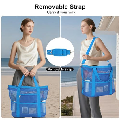 Mesh Beach Bags for Women - Plus Waterproof Sandproof Tote Bag - color: Blue With Top Zipper, size: Large