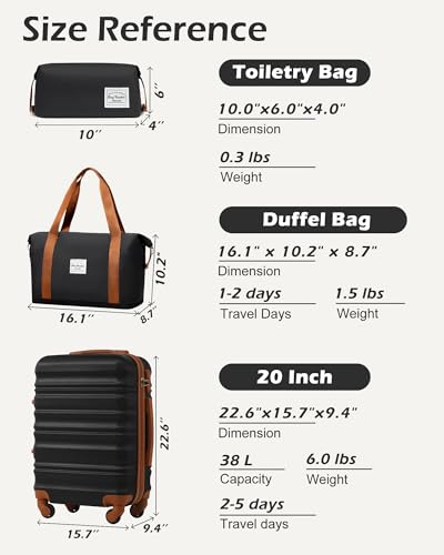 LONG VACATION Luggage Sets, 3 Piece, 20 Inch Carry On Hardshell Suitcase - color: BLACK-BROWN, size: 3-Piece Set (20-Inch)