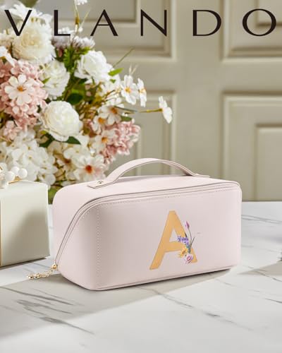 VLANDO Initial Makeup Bag with Separate Brush Pocket,Letter A,Off White - color: 14.White-A