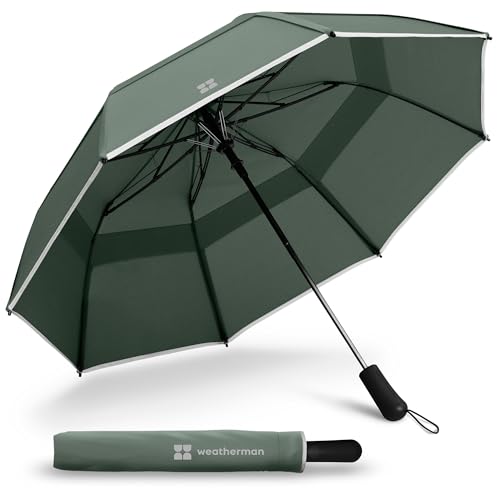 Weatherman Premium Collapsible Small Travel Umbrella Compact - Windproof, Resists Up to 55 MPH Winds - Foldable Travel Umbrellas for Rain & Wind - Easy Auto Open w/Strong Fiberglass Frame (Sage) - color: Sage