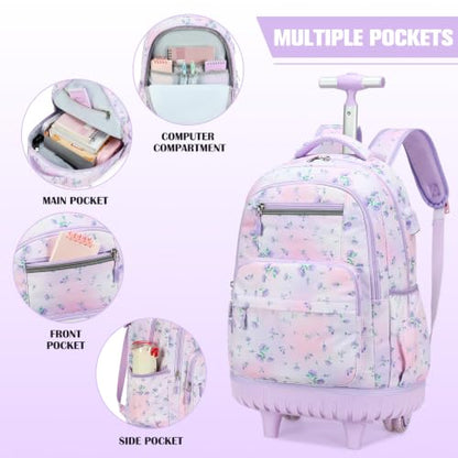 ACESAK Rolling Backpack for Girls with Lunch Bag & Pencil Pouch - color: Purple Floral