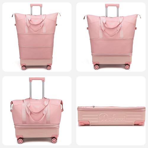 Rolling Duffle Bag with Wheels and Handle, Expandable Foldable Carry On Luggage with Removable Wheels, Personal Item Travel Bag, Lightweight Duffel Tote for Gym Hospital Weekender (Blush Pink) - color: Blush Pink