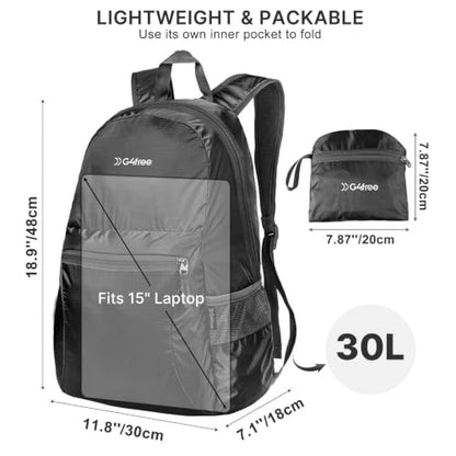 G4Free 30L Packable Travel Hiking Backpack for Men Women - color: Black, size: 30L