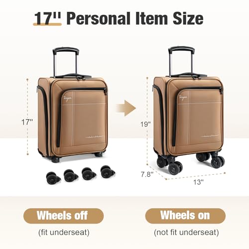 17 Inch Underseat Carry on Luggage with Removable Spinner Wheels - color: Brown, size: 17 inch_Underseat