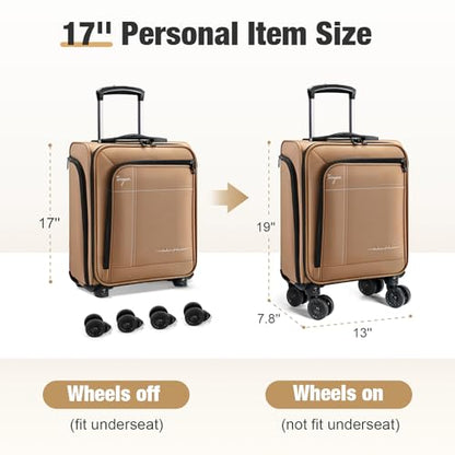 17 Inch Underseat Carry on Luggage with Removable Spinner Wheels - color: Brown, size: 17 inch_Underseat