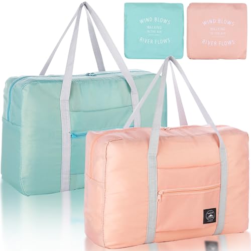 Foldable Travel Duffel Bag 2PCS Tote Carry on Luggage Bag Spirit Airlines Personal item Sports Gym Bag Water Resistant Weekender Overnight Bags for Women and Men (Green+Pink) - color: Green+Pink