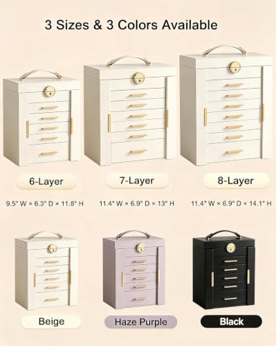 Lolalet Large Jewelry Box, 7-Layer Jewelry Organizer with 6 Drawers -Beige - color: Beige, size: 7-Layer (11.4" W × 6.9" D × 13" H)