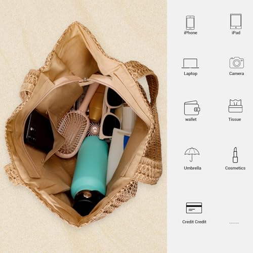 Tavaleu Large Capacity Straw Beach Bags Travel Shoulder Handbags for Women - color: Khaki - Paris