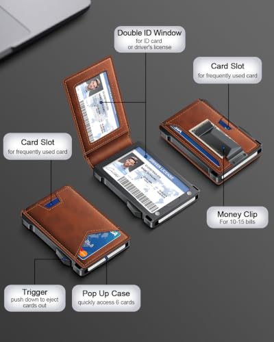Wallet for Men RFID Wallet with 2 ID Windows & Money Clip, Slim Card Holder - color: Redbrown