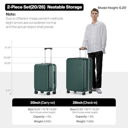mixi 2-Piece Luggage Sets with Cup Phone Holder and Charger Hard Shell Suitcases with Spinner Wheels, 20+26 Inch Blackish Green - color: Blackish green, size: 2-Piece Set (20/26)