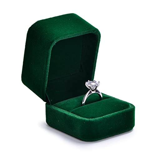 Green Velvet Ring Box, Single Ring Case for Proposal & Engagement - size: 1.97" x 2.36" x 1.97"